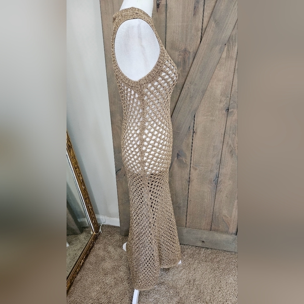 Zara Metallic Crochet Fishnet Midi Dress Gold Open Knit Cover Up Size Small - Picture 7 of 16